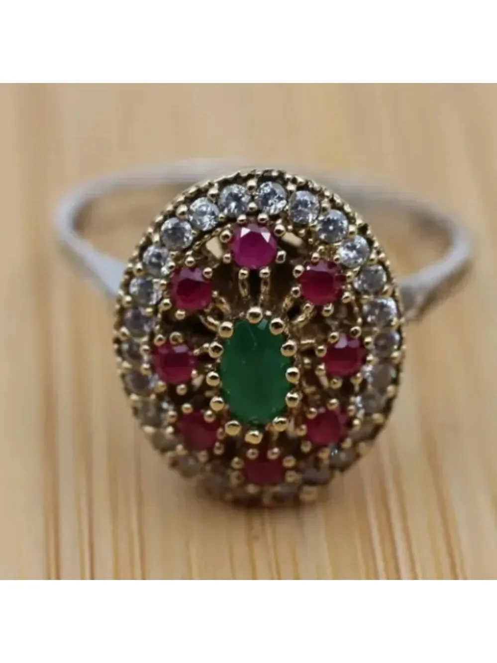 Two Tone Ring Green Red Stones